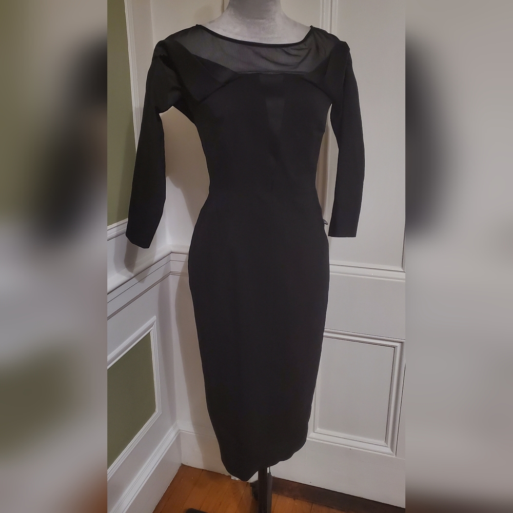Karen Millen structured off-shoulder illusion sleeves LBD black dress sz 6 - Picture 3 of 12